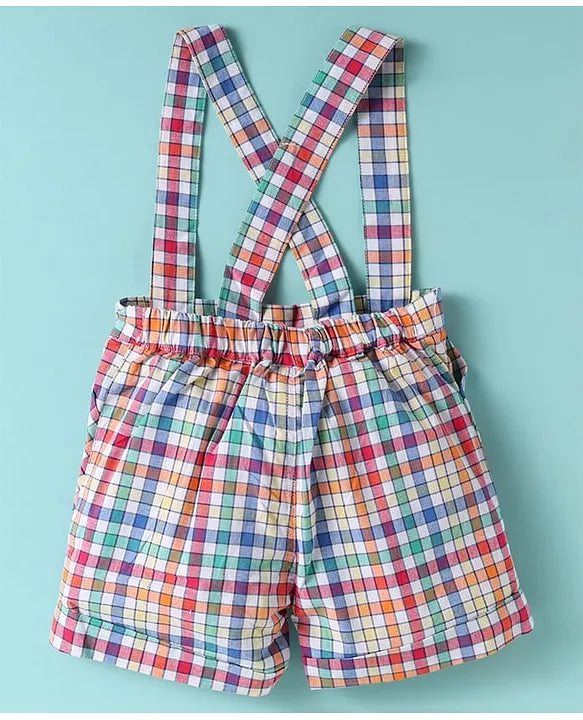 ToffyHouse Cotton Knit Half Sleeves Text Printed T-Shirt & Checkered Shorts Set with Bow & Attached Suspender - White