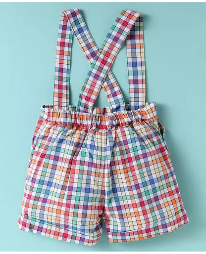 ToffyHouse Cotton Knit Half Sleeves Text Printed T-Shirt & Checkered Shorts Set with Bow & Attached Suspender - White