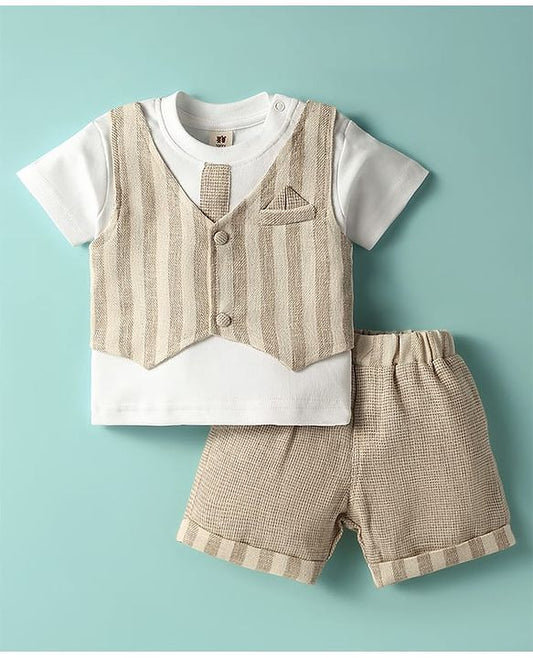 ToffyHouse Half Sleeves Set With Attached Waistcoat - Beige & White