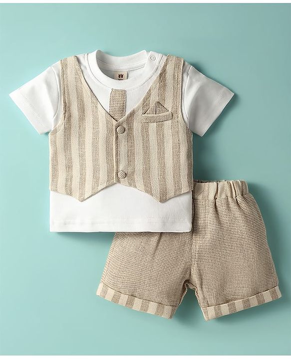 ToffyHouse Half Sleeves Set With Attached Waistcoat - Beige & White