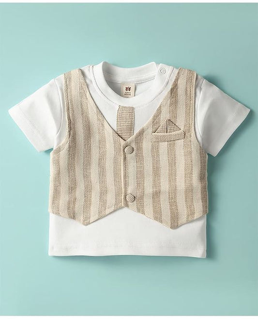 ToffyHouse Half Sleeves Set With Attached Waistcoat - Beige & White