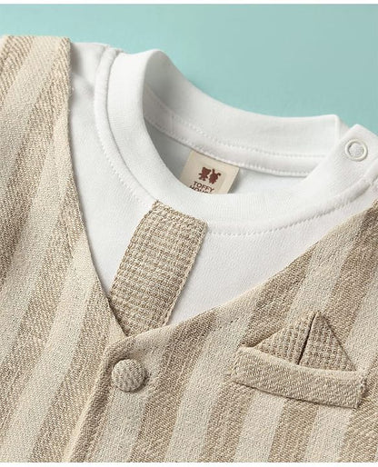 ToffyHouse Half Sleeves Set With Attached Waistcoat - Beige & White