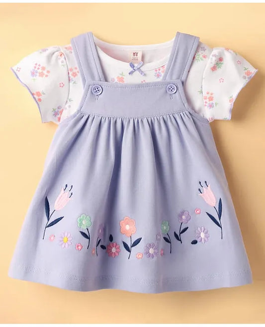 ToffyHouse Knitted Floral Printed & Embroidered Frock with Half Sleeves Inner Tee - Lavender & White