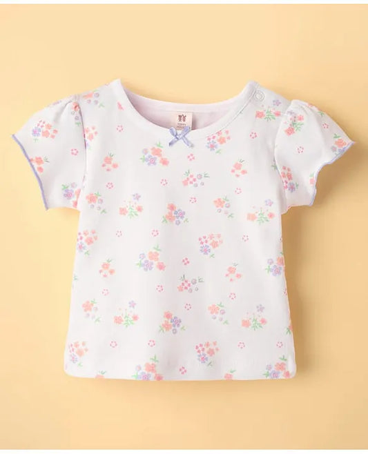 ToffyHouse Knitted Floral Printed & Embroidered Frock with Half Sleeves Inner Tee - Lavender & White