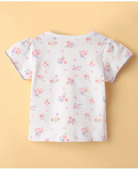 ToffyHouse Knitted Floral Printed & Embroidered Frock with Half Sleeves Inner Tee - Lavender & White