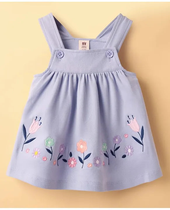 ToffyHouse Knitted Floral Printed & Embroidered Frock with Half Sleeves Inner Tee - Lavender & White