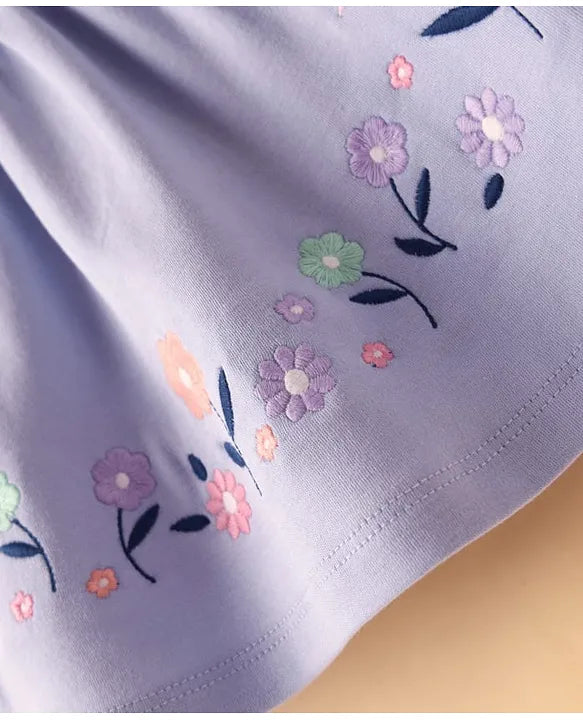 ToffyHouse Knitted Floral Printed & Embroidered Frock with Half Sleeves Inner Tee - Lavender & White