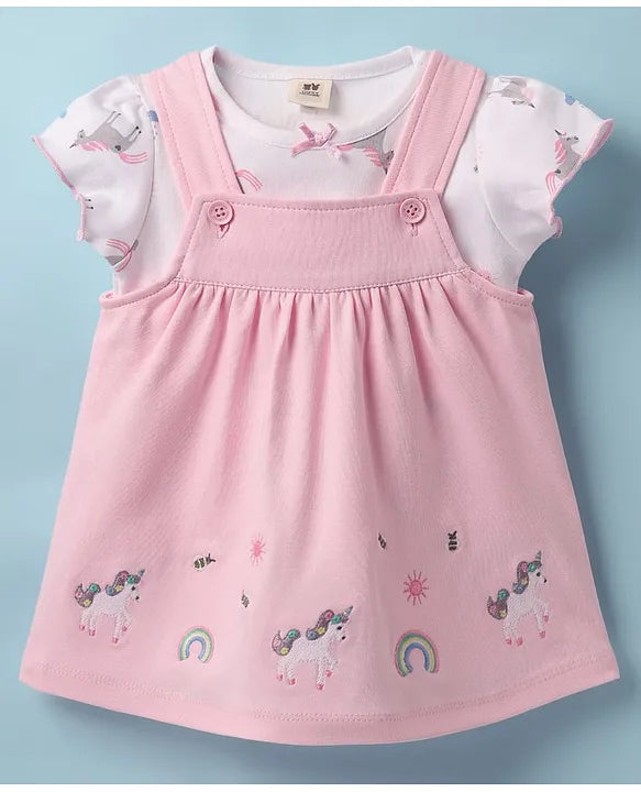 ToffyHouse Knitted Unicorn Printed & Embroidered Frock with Half Sleeves Inner Tee - Pink & White