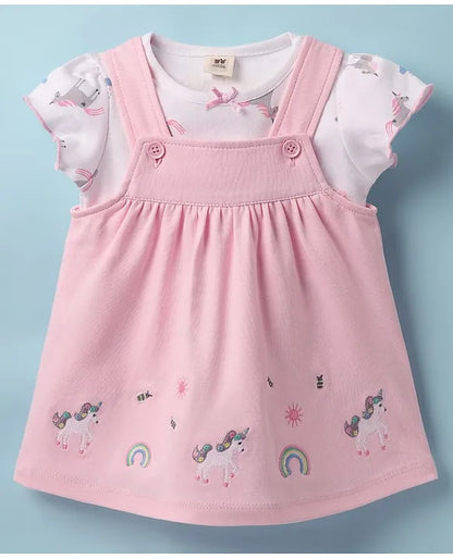 ToffyHouse Knitted Unicorn Printed & Embroidered Frock with Half Sleeves Inner Tee - Pink & White