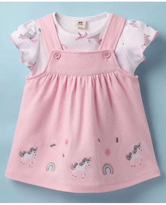 ToffyHouse Knitted Unicorn Printed & Embroidered Frock with Half Sleeves Inner Tee - Pink & White