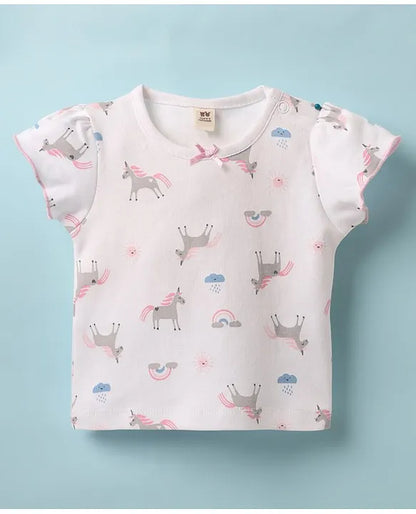 ToffyHouse Knitted Unicorn Printed & Embroidered Frock with Half Sleeves Inner Tee - Pink & White