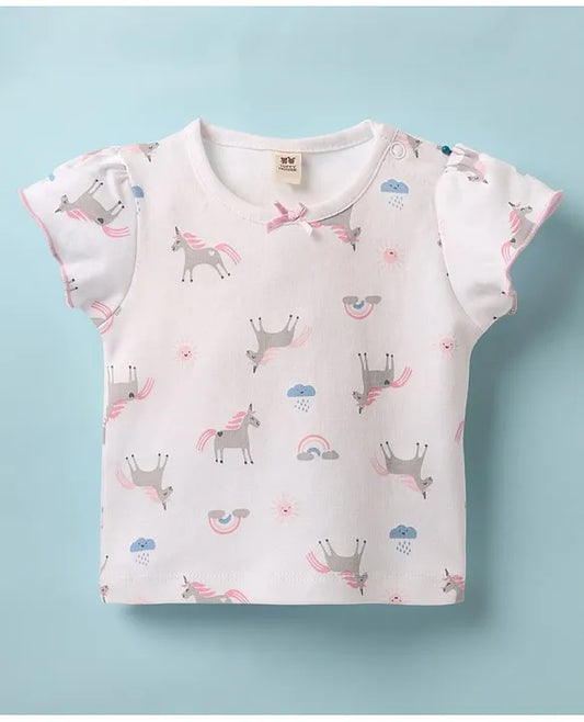 ToffyHouse Knitted Unicorn Printed & Embroidered Frock with Half Sleeves Inner Tee - Pink & White