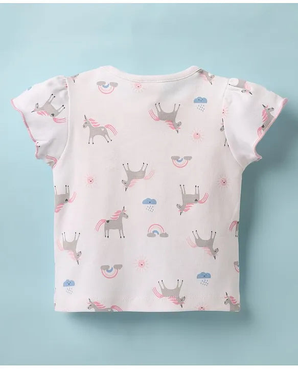 ToffyHouse Knitted Unicorn Printed & Embroidered Frock with Half Sleeves Inner Tee - Pink & White