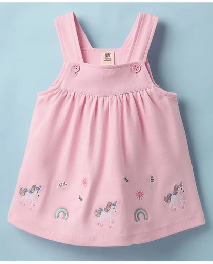 ToffyHouse Knitted Unicorn Printed & Embroidered Frock with Half Sleeves Inner Tee - Pink & White