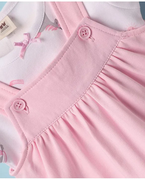 ToffyHouse Knitted Unicorn Printed & Embroidered Frock with Half Sleeves Inner Tee - Pink & White