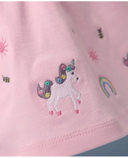 ToffyHouse Knitted Unicorn Printed & Embroidered Frock with Half Sleeves Inner Tee - Pink & White