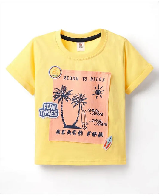ToffyHouse Single Jersey Knit Half Sleeves T-Shirt with Beach Theme Print & Patch Detailing - Lemon