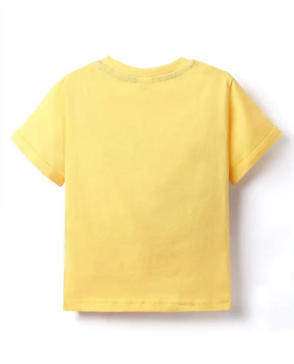 ToffyHouse Single Jersey Knit Half Sleeves T-Shirt with Beach Theme Print & Patch Detailing - Lemon