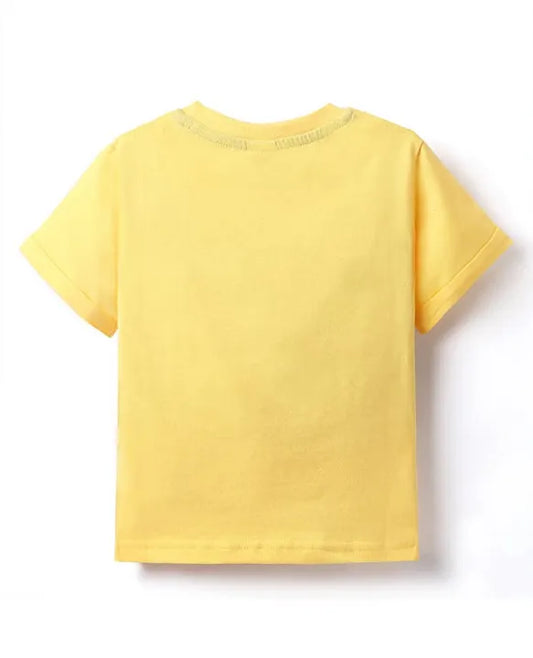 ToffyHouse Single Jersey Knit Half Sleeves T-Shirt with Beach Theme Print & Patch Detailing - Lemon