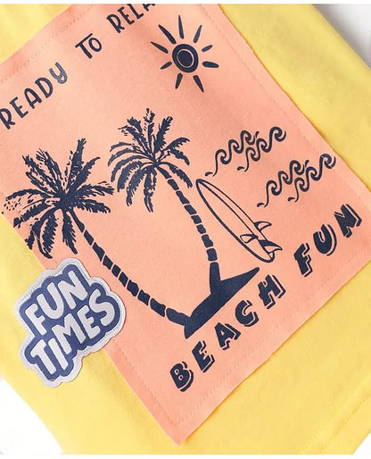 ToffyHouse Single Jersey Knit Half Sleeves T-Shirt with Beach Theme Print & Patch Detailing - Lemon