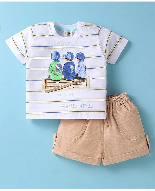 ToffyHouse Interlock Knit Half Sleeves T-Shirt & Shorts Set With Friends Print - White