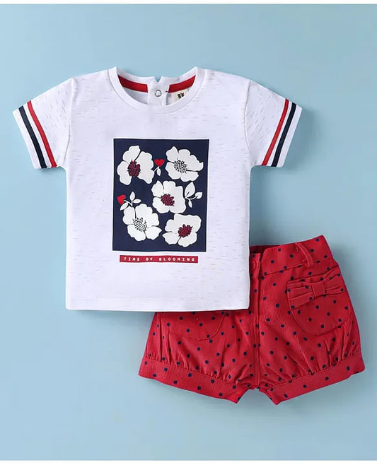 ToffyHouse Knitted Half Sleeves Top & Shorts Set with Floral Print - White & Red