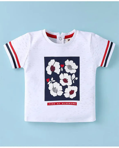 ToffyHouse Knitted Half Sleeves Top & Shorts Set with Floral Print - White & Red