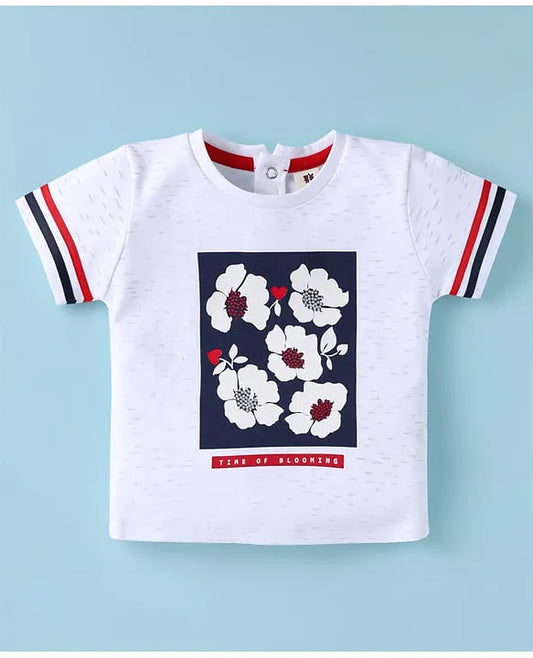 ToffyHouse Knitted Half Sleeves Top & Shorts Set with Floral Print - White & Red