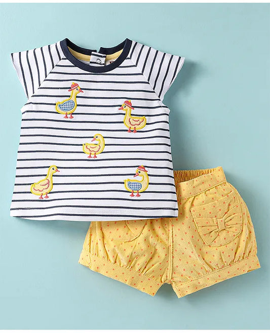 ToffyHouse Cotton Knit Half Sleeves Top & Shorts Set With Floral & Polka Dot Print - White & Red