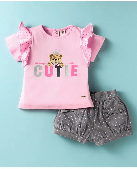 ToffyHouse Cotton Knit Half Sleeves Top & Shorts Set With Teddy Bear & Text Print - Pink & Grey