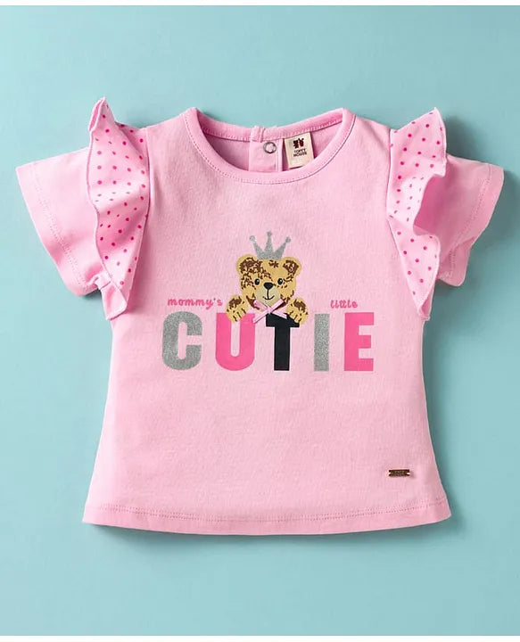 ToffyHouse Cotton Knit Half Sleeves Top & Shorts Set With Teddy Bear & Text Print - Pink & Grey