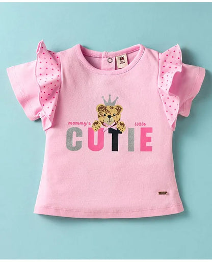 ToffyHouse Cotton Knit Half Sleeves Top & Shorts Set With Teddy Bear & Text Print - Pink & Grey