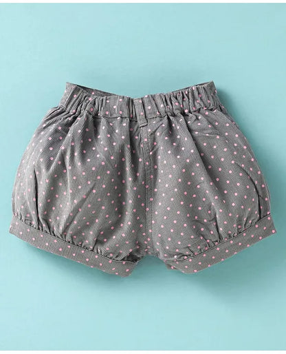 ToffyHouse Cotton Knit Half Sleeves Top & Shorts Set With Teddy Bear & Text Print - Pink & Grey