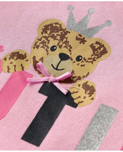 ToffyHouse Cotton Knit Half Sleeves Top & Shorts Set With Teddy Bear & Text Print - Pink & Grey
