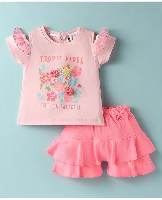 ToffyHouse Knit Half Sleeves Top & Shorts Set With Floral Print & Applique - Pink
