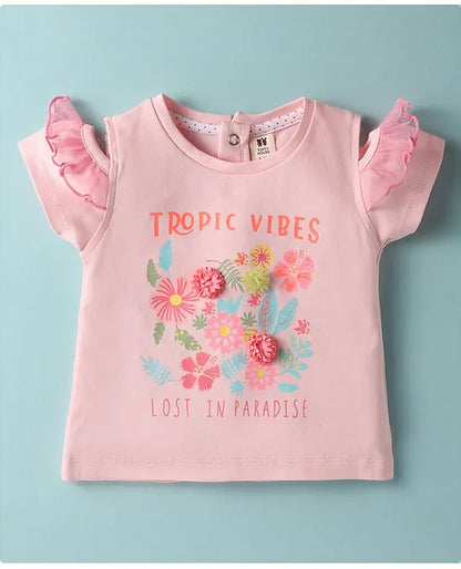 ToffyHouse Knit Half Sleeves Top & Shorts Set With Floral Print & Applique - Pink