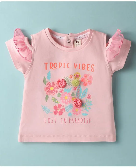 ToffyHouse Knit Half Sleeves Top & Shorts Set With Floral Print & Applique - Pink