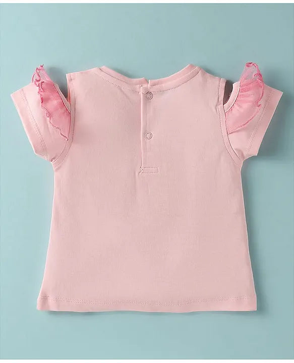 ToffyHouse Knit Half Sleeves Top & Shorts Set With Floral Print & Applique - Pink