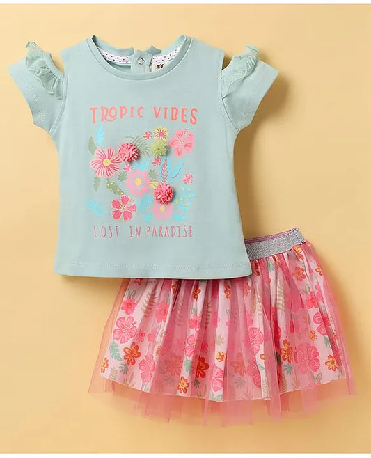 ToffyHouse Knit Half Sleeves Top & Skirt Set With Floral Print & Applique - Mint & Pink