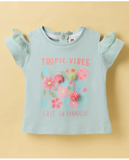 ToffyHouse Knit Half Sleeves Top & Skirt Set With Floral Print & Applique - Mint & Pink