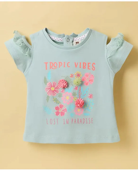 ToffyHouse Knit Half Sleeves Top & Skirt Set With Floral Print & Applique - Mint & Pink