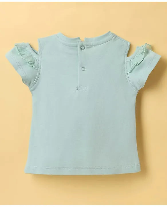ToffyHouse Knit Half Sleeves Top & Skirt Set With Floral Print & Applique - Mint & Pink