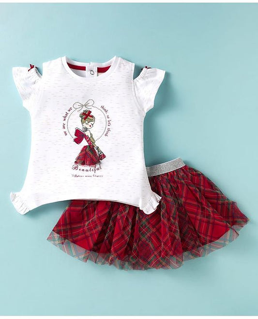 ToffyHouse Half Sleeves Top & Checks Skirt Set With Girl Print & Applique - White & Red