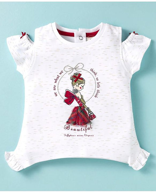 ToffyHouse Half Sleeves Top & Checks Skirt Set With Girl Print & Applique - White & Red