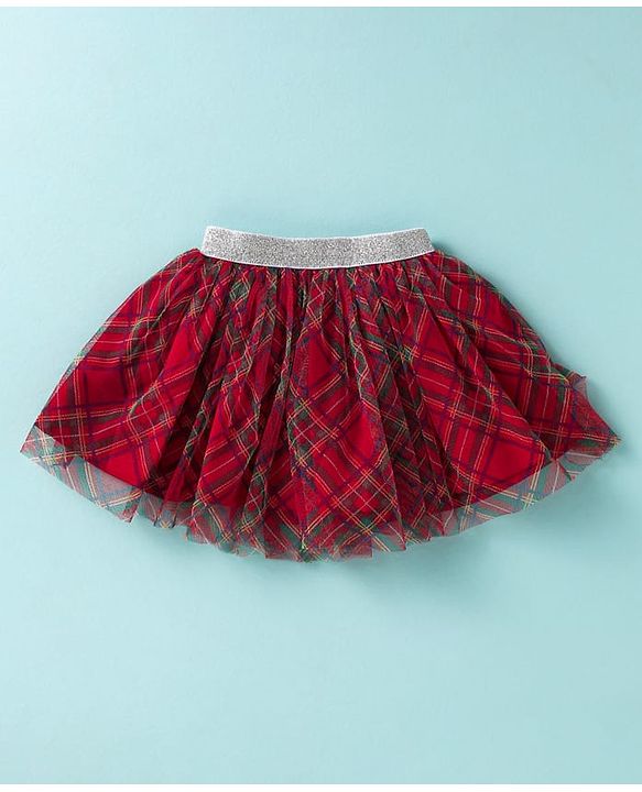 ToffyHouse Half Sleeves Top & Checks Skirt Set With Girl Print & Applique - White & Red