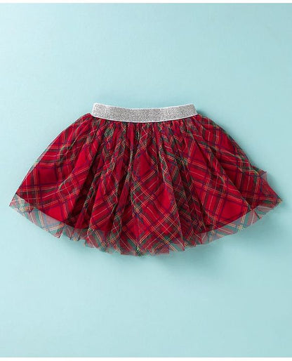 ToffyHouse Half Sleeves Top & Checks Skirt Set With Girl Print & Applique - White & Red
