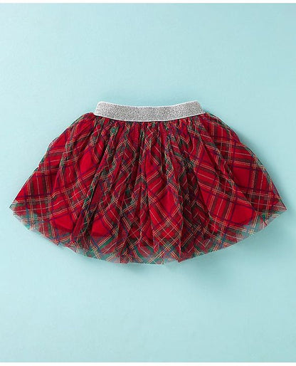 ToffyHouse Half Sleeves Top & Checks Skirt Set With Girl Print & Applique - White & Red