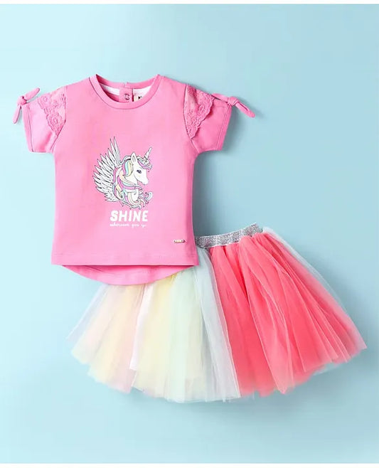 ToffyHouse Knitted Half Sleeves Top & Skirt Set with Unicorn Print & Bow Applique - Pink