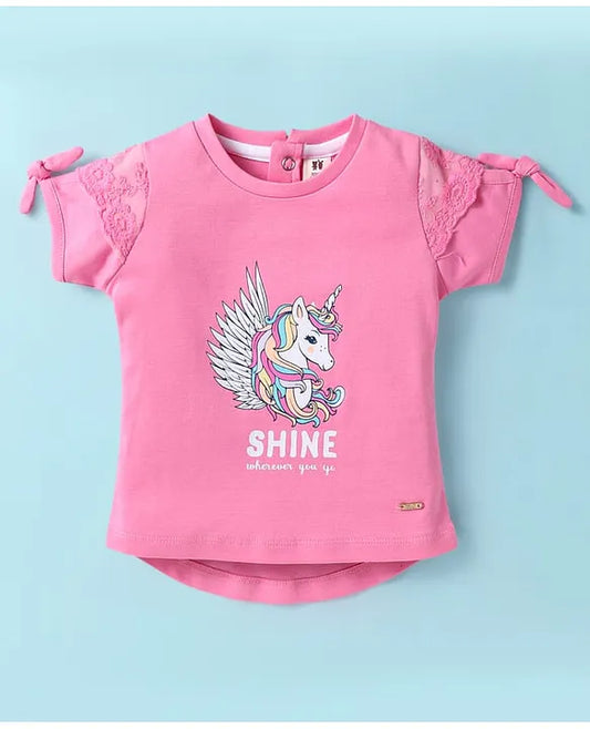 ToffyHouse Knitted Half Sleeves Top & Skirt Set with Unicorn Print & Bow Applique - Pink