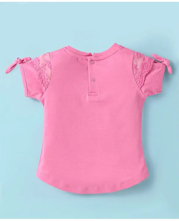 ToffyHouse Knitted Half Sleeves Top & Skirt Set with Unicorn Print & Bow Applique - Pink